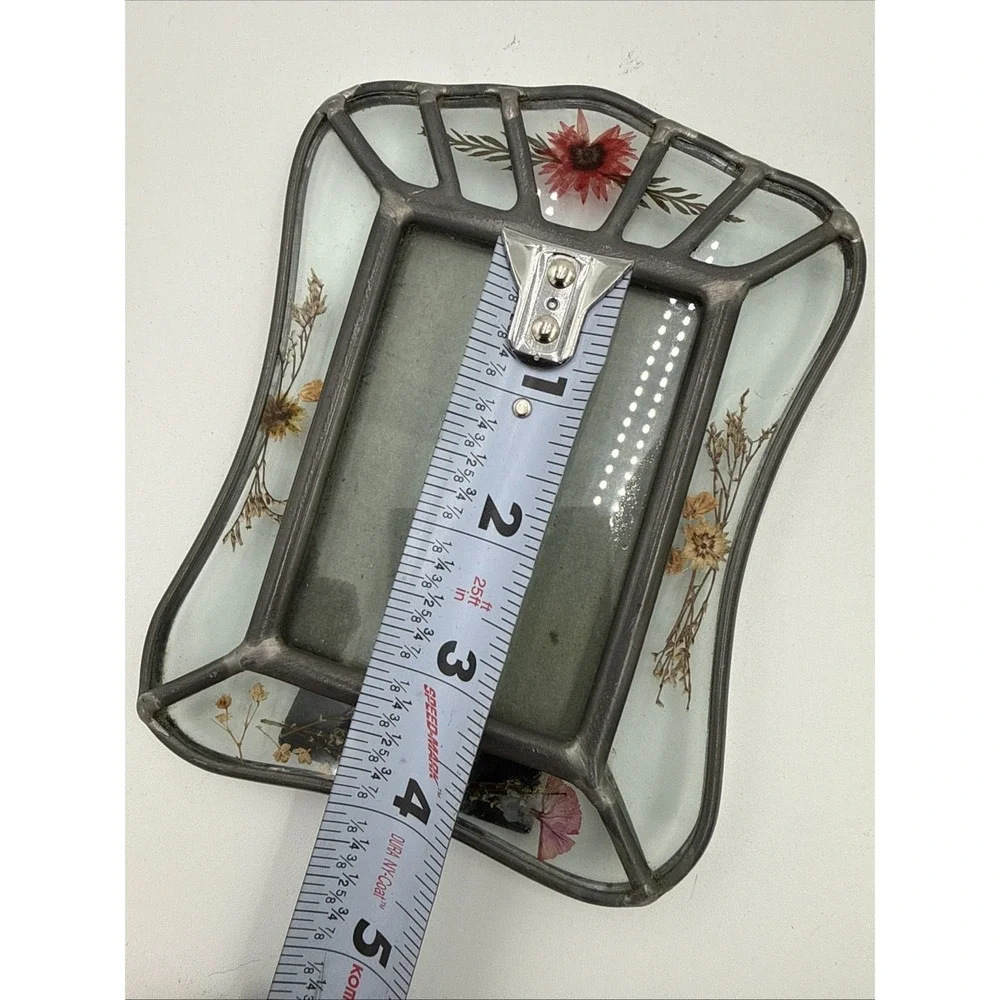 Vintage 1980s Pressed Flower Glass Frame‎ Pewter Tone Picture Frame Cottagecore